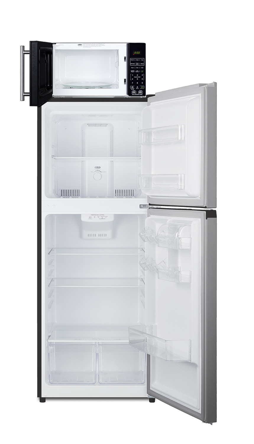 Frost-free 10.1 cu.ft. refrigerator-freezer and compact microwave in black with allocator and USB ports for 1-plug operation; ships in three boxes on one pallet
